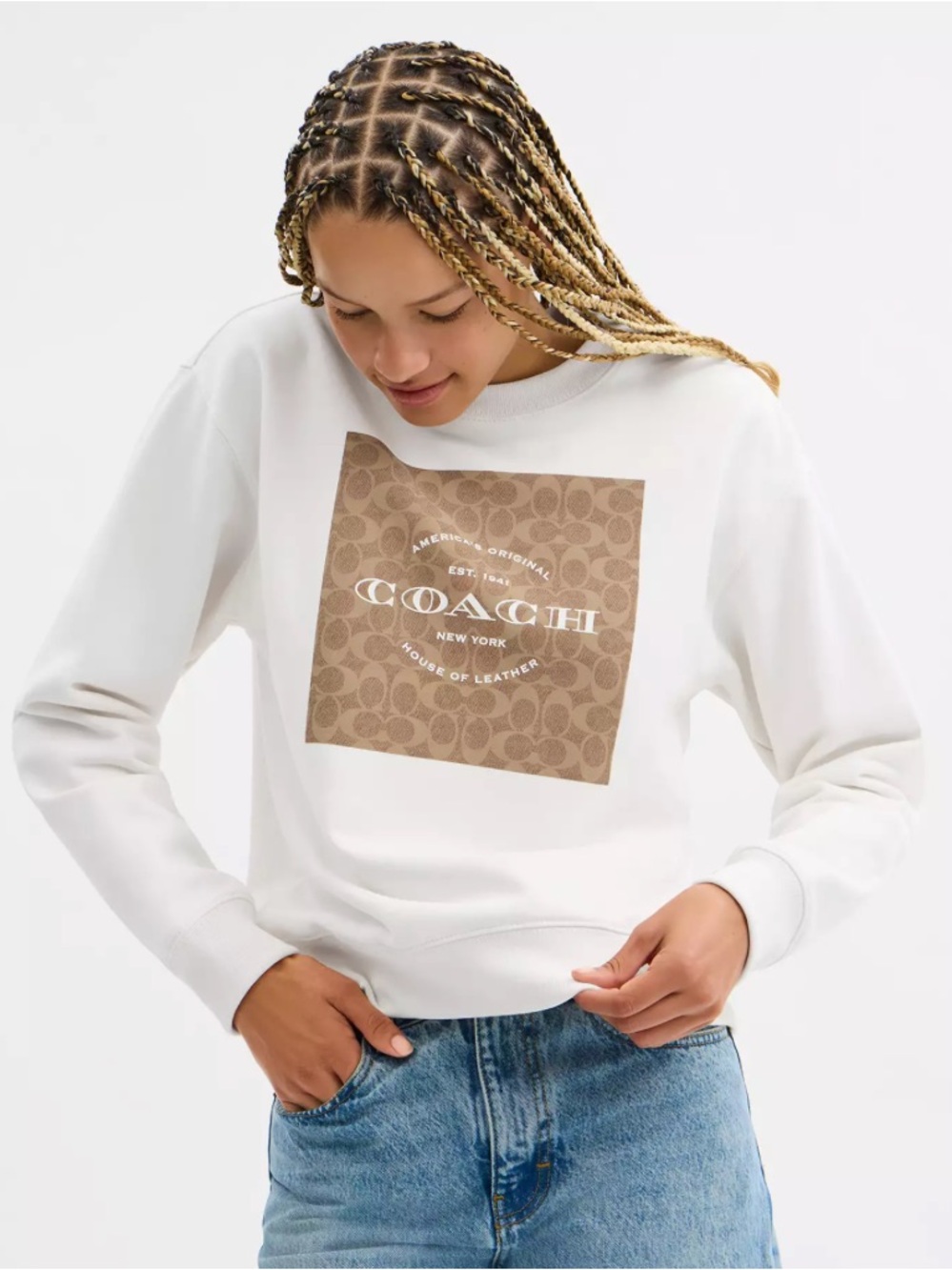 Coach Signature Crewneck Cream/white Sweatshirt with Tan Logo Square - XL - Picture 4 of 4